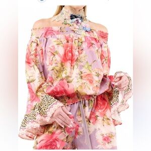 Aratta Rosaline Blouse Top Flowy Ruffle Off Shoulder Smocked Rose Floral Large